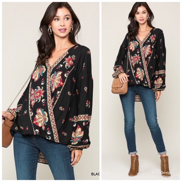 LAST 1! ❤️Surplice Tribal Border Printed Hi Lo Top - Picture 3 of 9